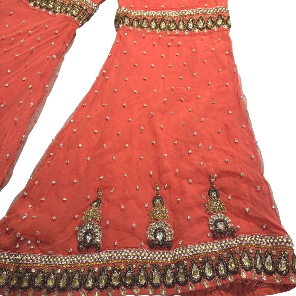 Vintage Indian Sharara Pants Coral Orange Beaded Embroidered Wide Leg Palazzo - Picture 4 of 9